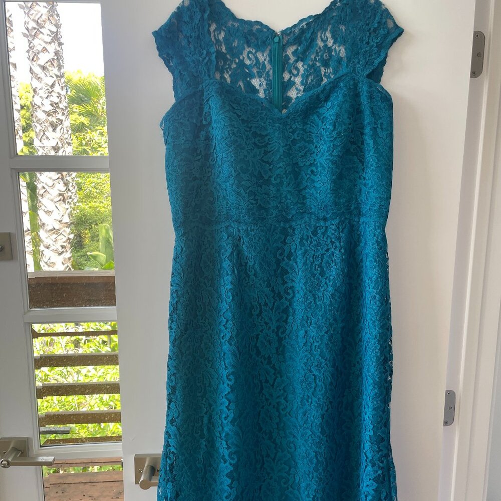 Watters & Watters Lace Midi Dress in Teal, Size 18W